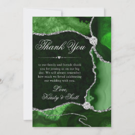 Tarjeta De Agradecimiento Boda de ágata elegante verde y plateado con brillo