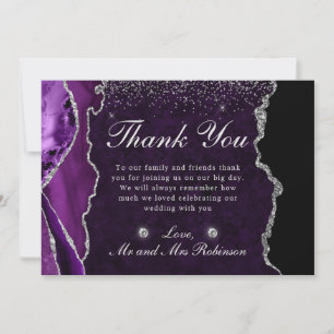 Tarjeta De Agradecimiento Boda de Ágata Falsa Brillante Púrpura y Plateada