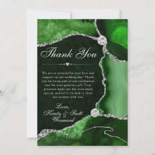 Tarjeta De Agradecimiento Boda de Ágata Falsa Verde y Plateada con Brillo