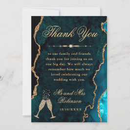 Tarjeta De Agradecimiento Boda de ágata y mármol con brillo azul verdoso y d