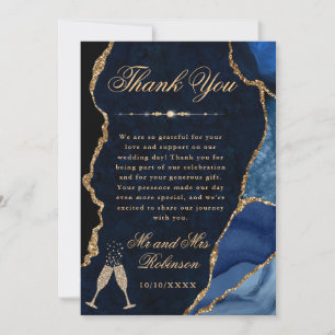 Tarjeta De Agradecimiento Boda de ágata y mármol con brillo azul y dorado