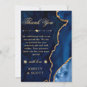 Tarjeta De Agradecimiento Boda de ágata y mármol con brillo azul y dorado