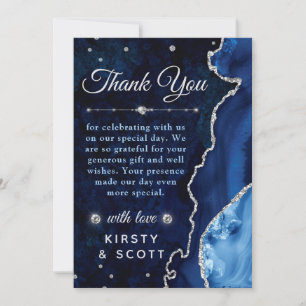 Tarjeta De Agradecimiento Boda de ágata y mármol con brillo azul y plateado