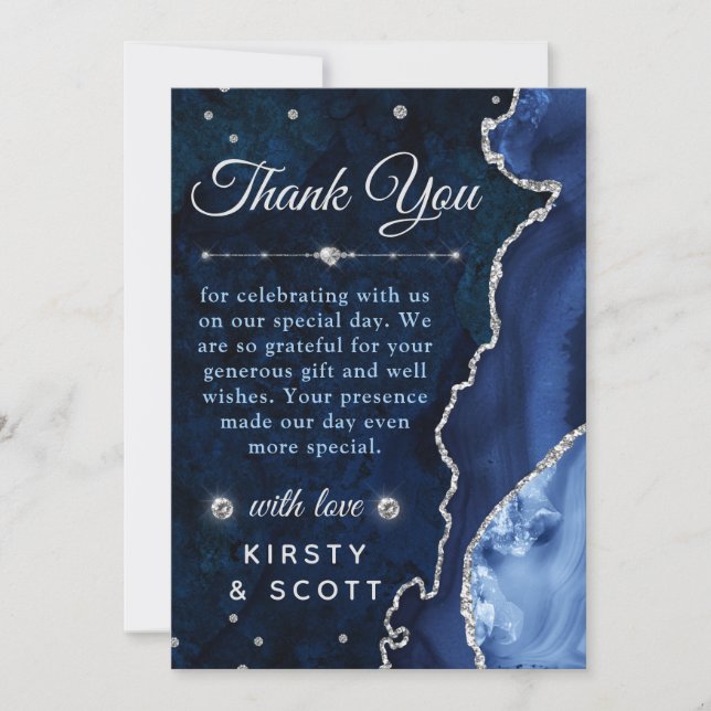 Tarjeta De Agradecimiento Boda de ágata y mármol con brillo azul y plateado (Anverso)