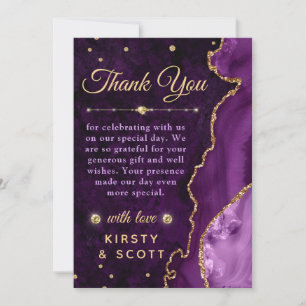 Tarjeta De Agradecimiento Boda de ágata y mármol con brillo púrpura y dorado