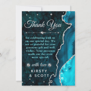 Tarjeta De Agradecimiento Boda de ágata y mármol con brillo teal y plata