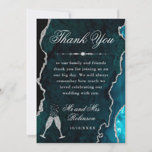 Tarjeta De Agradecimiento Boda de ágata y mármol con brillo teal y plata