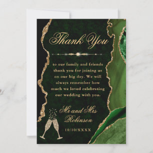 Tarjeta De Agradecimiento Boda de ágata y mármol con brillo verde y dorado