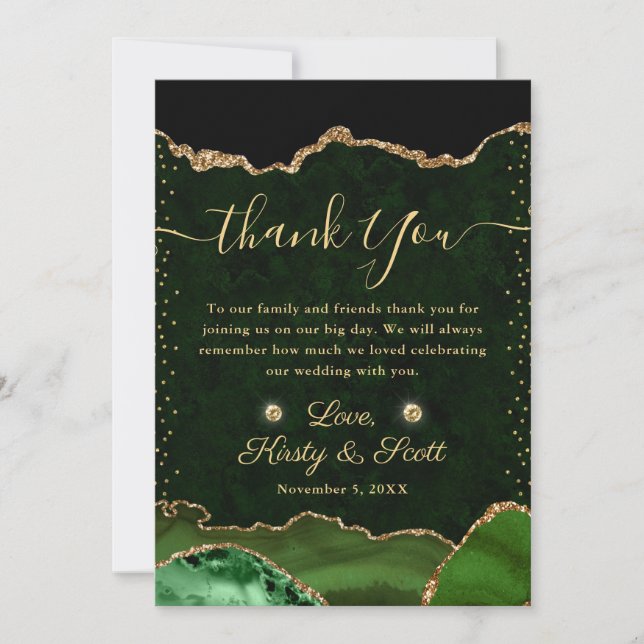 Tarjeta De Agradecimiento Boda de Agate Purpurina de Faux Green y Gold (Anverso)