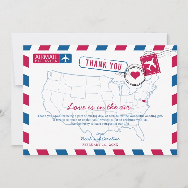 Tarjeta De Agradecimiento Boda de Airmail de Washington DC Gracias (Anverso)