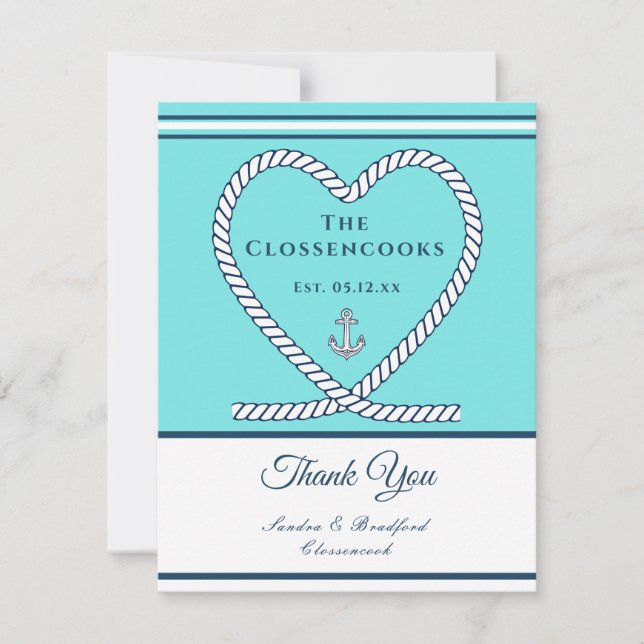 Tarjeta De Agradecimiento Boda de Anclaje Cardíaco verde azulado Azul Náutic (Anverso)