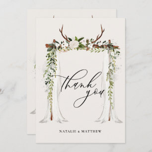 Tarjeta De Agradecimiento Boda de antler rústico y cubrecama floral de acuar