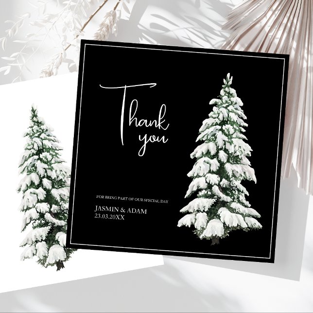 Tarjeta De Agradecimiento Boda de árbol de navidad de nieve negra de inviern (Winter Black and White Snowy Pine Tree Wedding Thank You Card)