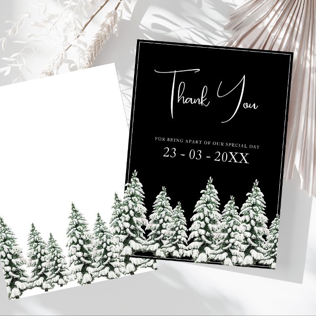 Tarjeta De Agradecimiento Boda de Árboles de Navidad de Nieve Negra de Invie (Winter Black and White Snowy Pine Trees Wedding Thank You Card)