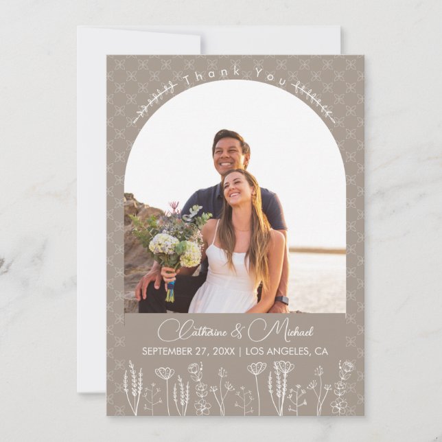 Tarjeta De Agradecimiento Boda de arco de Beige Wildflower Bohemian (Anverso)