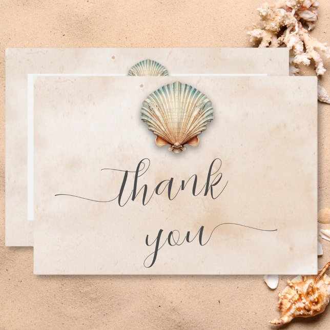 Tarjeta De Agradecimiento Boda de arena costera moderna (Modern Coastal Seashell Sand Wedding Thank You Card)
