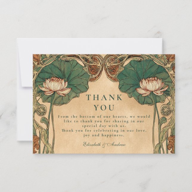 Tarjeta De Agradecimiento Boda de Art Nouveau Lotus Floral (Anverso)