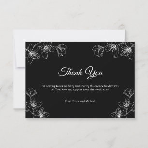 Tarjeta De Agradecimiento Boda de Arte de Línea Floral Negra Elegante