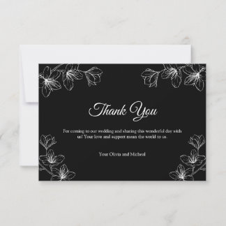 Tarjeta De Agradecimiento Boda de Arte de Línea Floral Negra Elegante