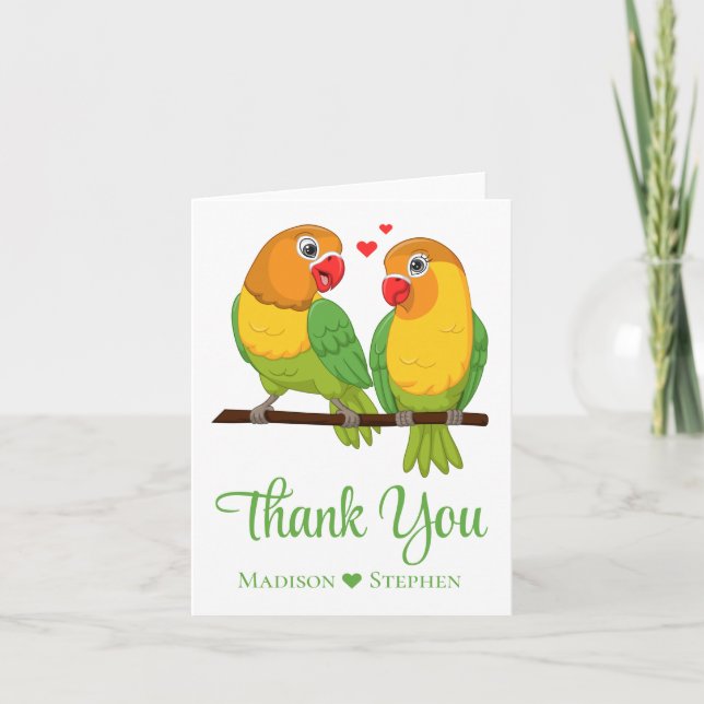 Tarjeta De Agradecimiento Boda de Aves Amores Verdes Cute Lovebirds (Anverso)