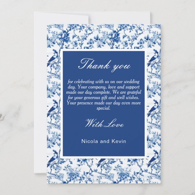 Tarjeta De Agradecimiento Boda de Aves Azules y Flores Chinoiserie (Anverso)