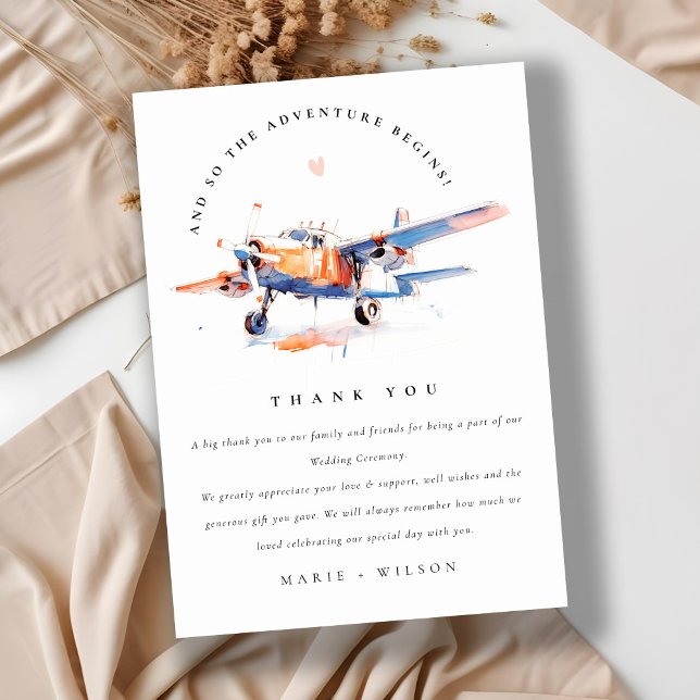 Tarjeta De Agradecimiento Boda de Avión Acuarela Naranja Azul con Rubor (Subido por el creador)