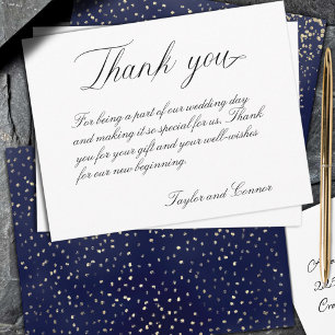 Tarjeta De Agradecimiento Boda de Azul Marino y Dorado Caligrafía