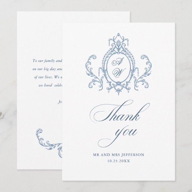 Tarjeta De Agradecimiento Boda de azul polvoriento floral gracia ornamentada (Anverso / Reverso)