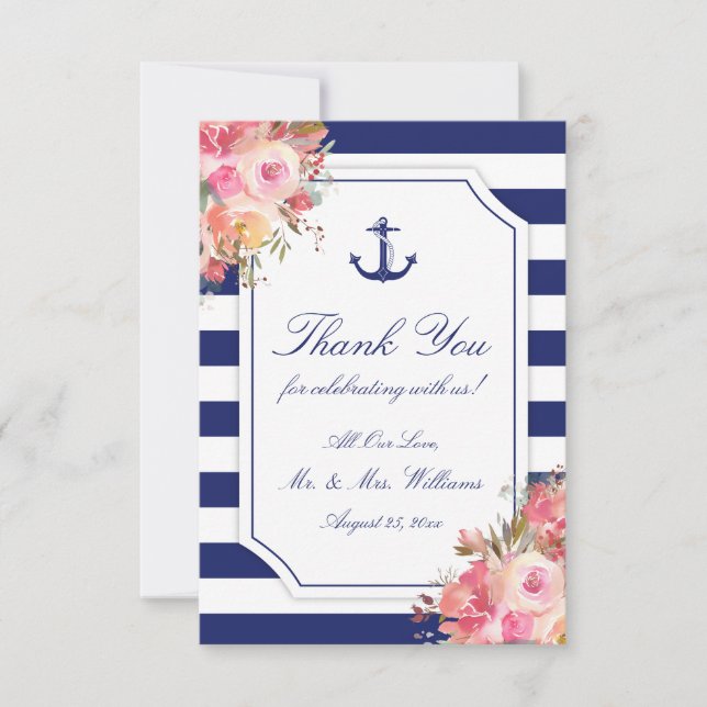 Tarjeta De Agradecimiento Boda de banda azul floral de anclaje náutico (Anverso)