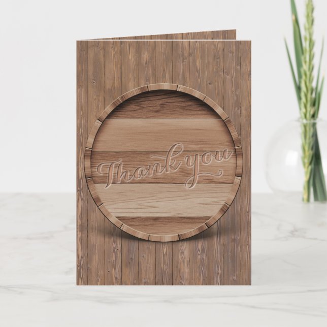 Tarjeta De Agradecimiento Boda de barril de madera rústica Gracias (Anverso)