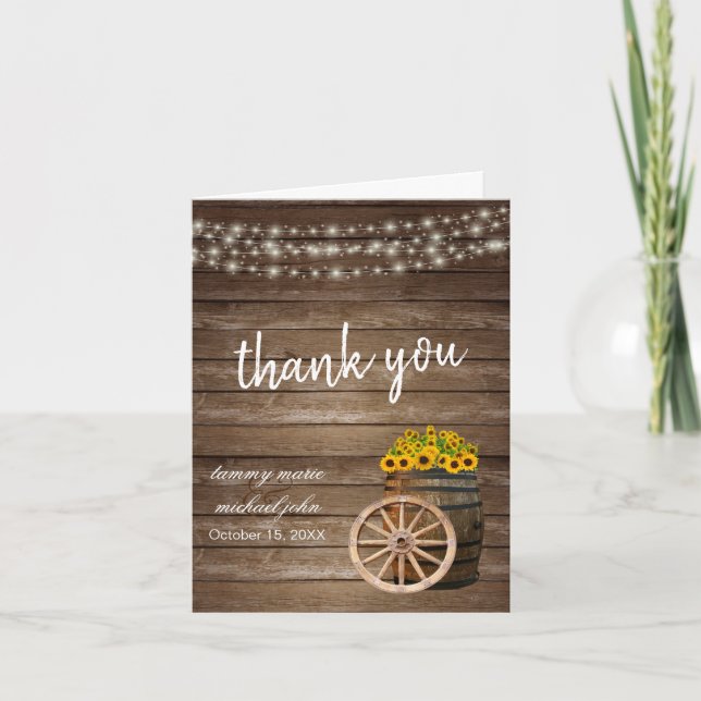 Tarjeta De Agradecimiento Boda de barril y girasol de madera rústica (Anverso)