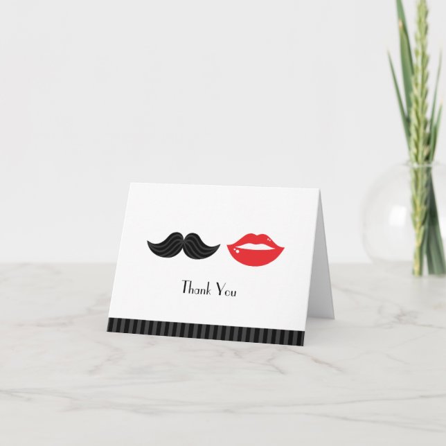 Tarjeta De Agradecimiento Boda de bigote y labios rojos, negros y blancos (Anverso)