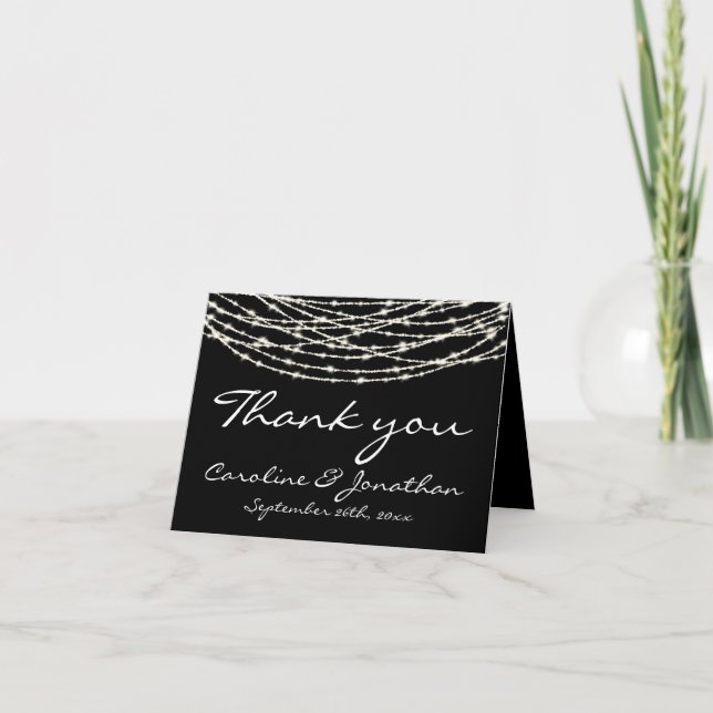 Tarjeta De Agradecimiento Boda de Black Rustic String Lights (Anverso)