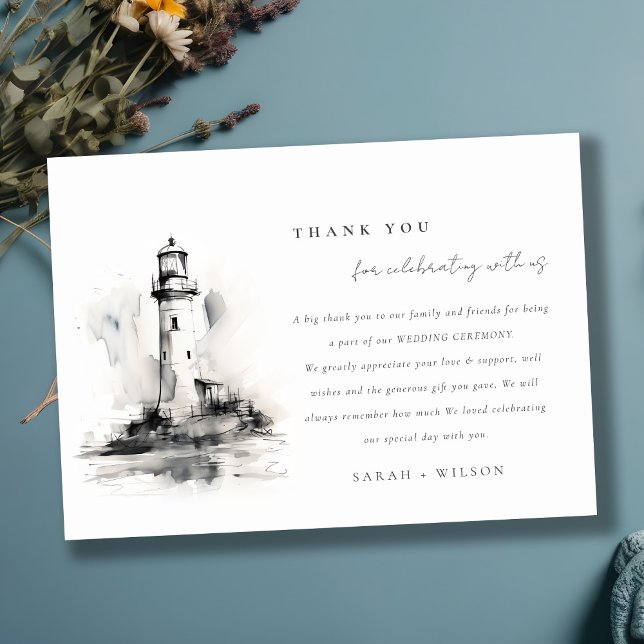 Tarjeta De Agradecimiento Boda de boceto náutico del faro blanco y negro (Subido por el creador)