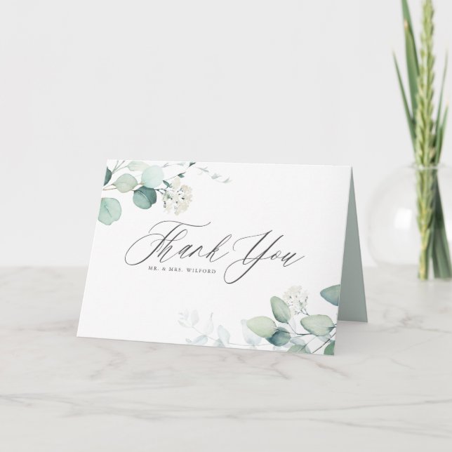 Tarjeta De Agradecimiento Boda de Boho Acuarela con Hojas de Eucalipto Verde (Anverso)