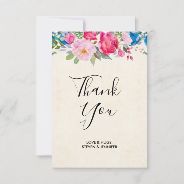 Tarjeta De Agradecimiento Boda de borde de flor rosa y azul bonito (Anverso)