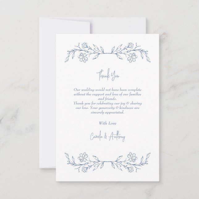 Tarjeta De Agradecimiento Boda de borde superior de Blue Floral Boho (Anverso)