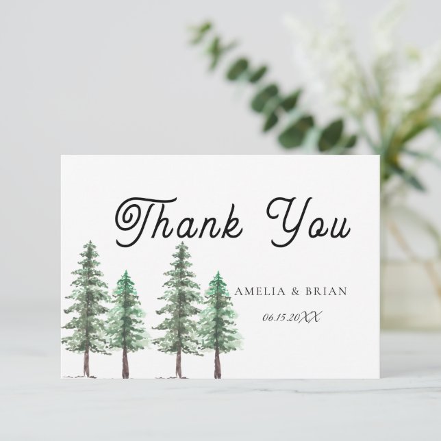 Tarjeta De Agradecimiento Boda de bosque de pino acuarela (Anverso de pie)