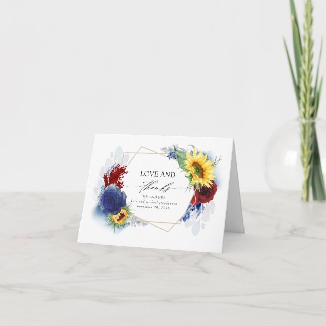 Tarjeta De Agradecimiento Boda de Caída Azul Borgoña Amarilla de la Marina G (Anverso)