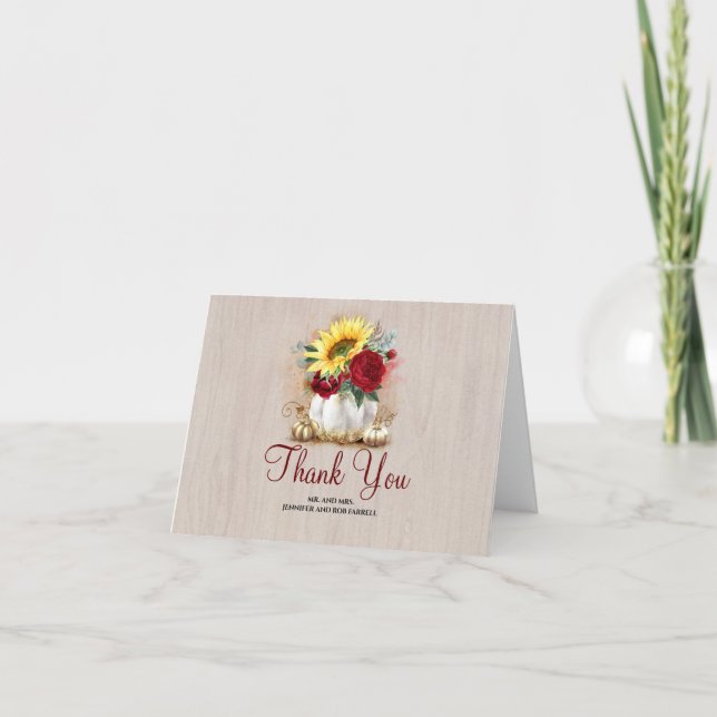 Tarjeta De Agradecimiento Boda de calabazas florales blancas y doradas graci (Anverso)
