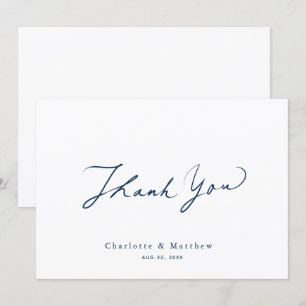 Tarjeta De Agradecimiento Boda de caligrafía azul de la Marina minimalista