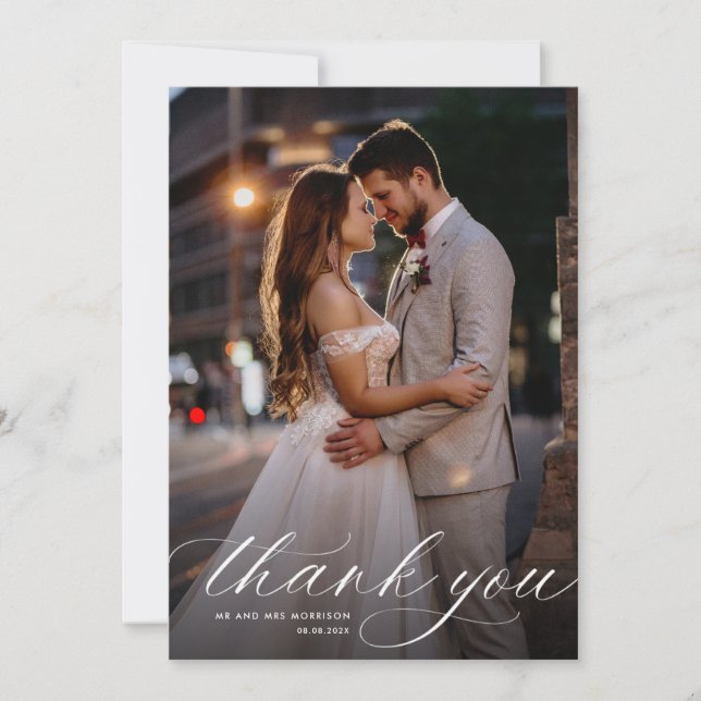 Tarjeta De Agradecimiento boda de caligrafía blanca (Anverso)