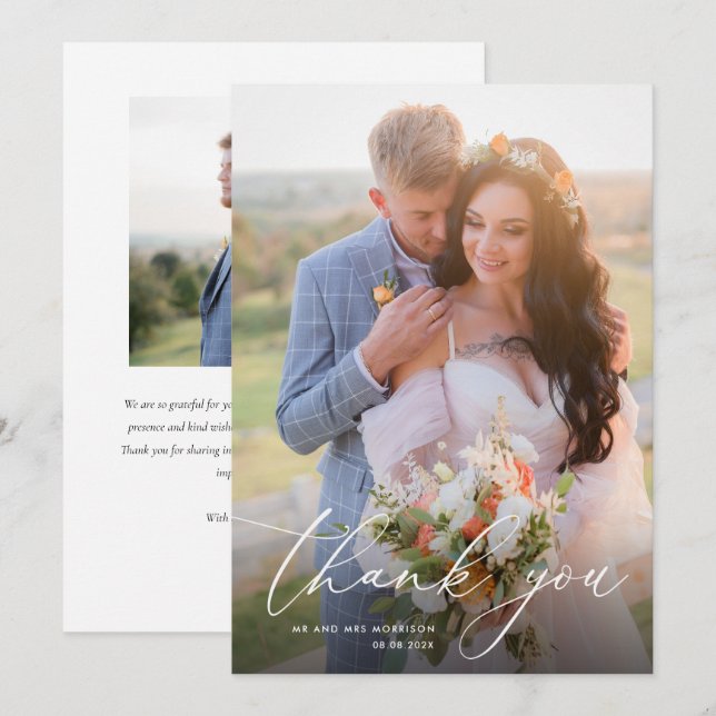 Tarjeta De Agradecimiento boda de caligrafía blanca de moda (Anverso / Reverso)