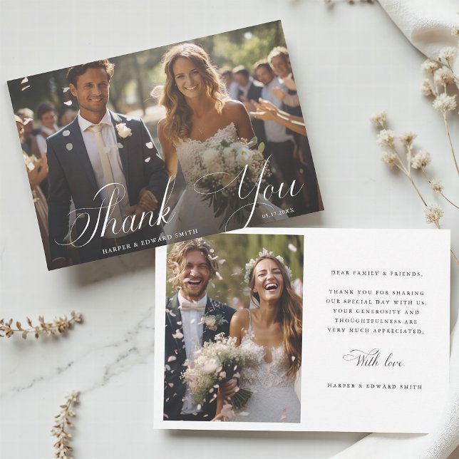 Tarjeta De Agradecimiento Boda de caligrafía clásica 2 Foto (Front & Back)