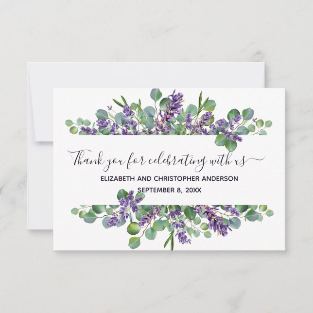 Tarjeta De Agradecimiento Boda de caligrafía de Eucalyptus Lavender (Anverso)
