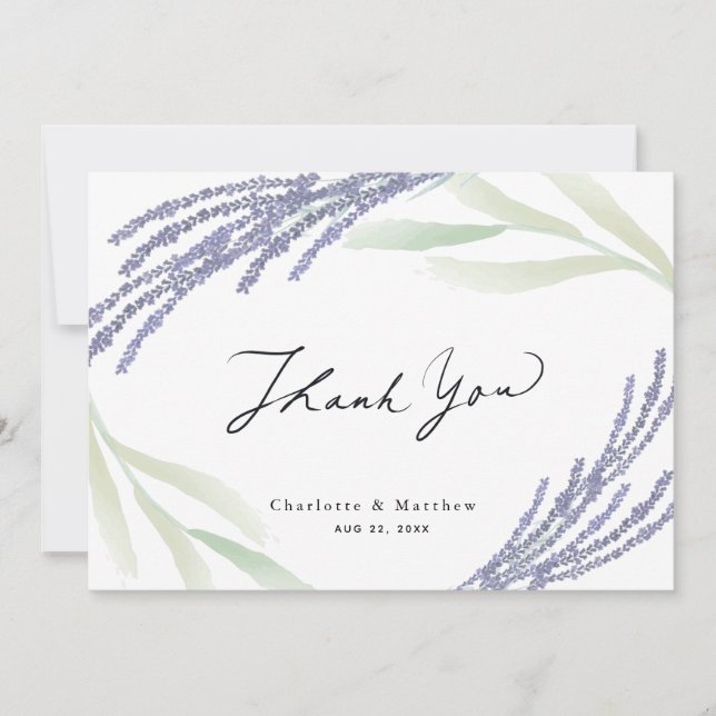 Tarjeta De Agradecimiento Boda de caligrafía de lavanda y vegetación (Anverso)