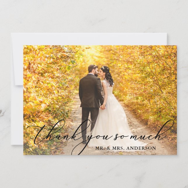 Tarjeta De Agradecimiento Boda de caligrafía elegante fotográfica (Anverso)