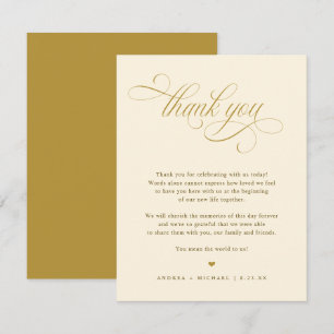 Tarjeta De Agradecimiento Boda de Caligrafía en Crema y Dorado Elegante