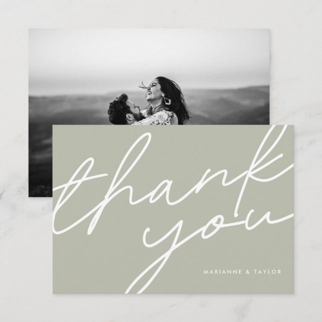 Tarjeta De Agradecimiento Boda de Caligrafía en Verde Salvia Moderno Foto (Anverso / Reverso)