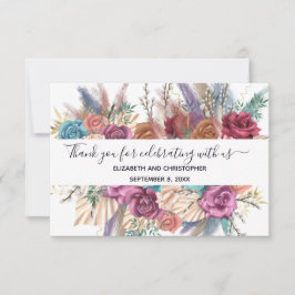 Tarjeta De Agradecimiento Boda de Caligrafía Floral Azul Rosa Melocotón
